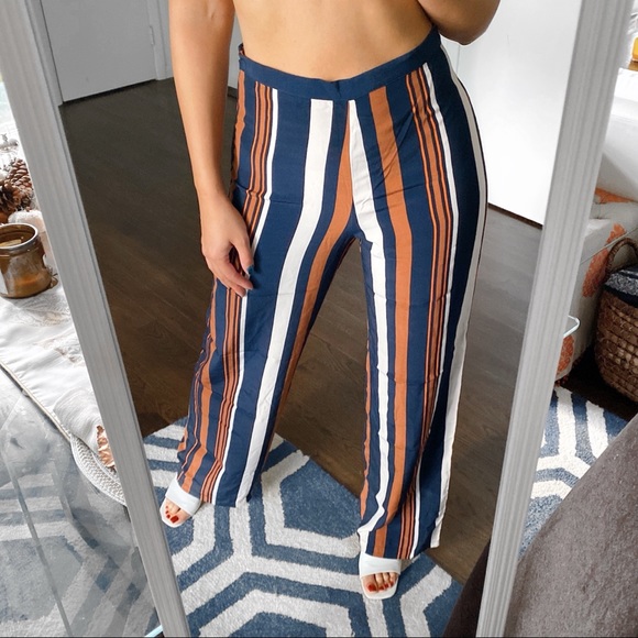 🍂 TOPSHOP DARK BLUE BURNT ORANGE WIDE LEG HIGH WAIST STRIPE PANTS! - Picture 2 of 12